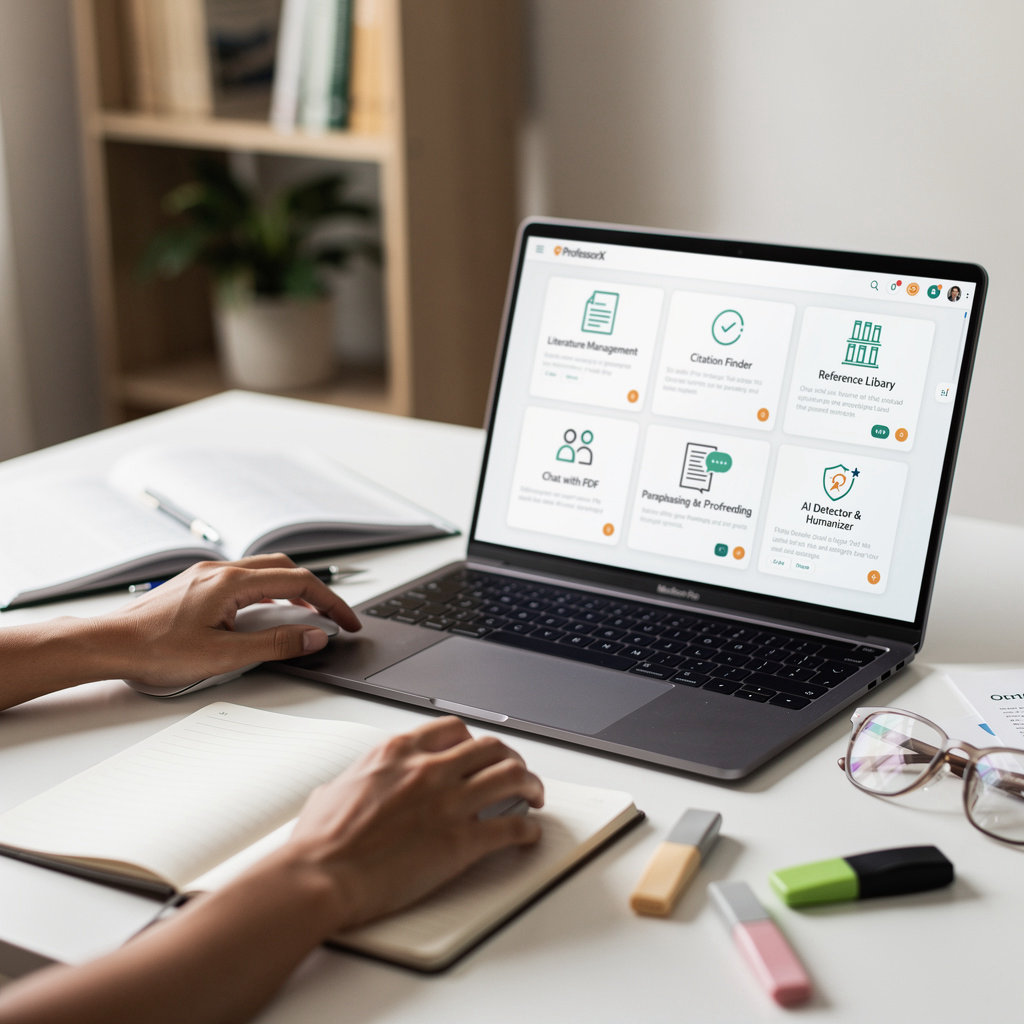 ProfessorX Research Hub complete toolkit dashboard showing literature management, citation finder, and collaboration tools for researchers
